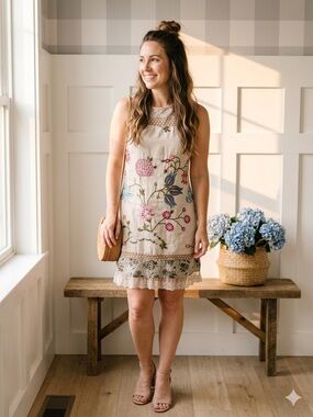100% Cotton Sleeveless Embroidered Mini Dress Small
